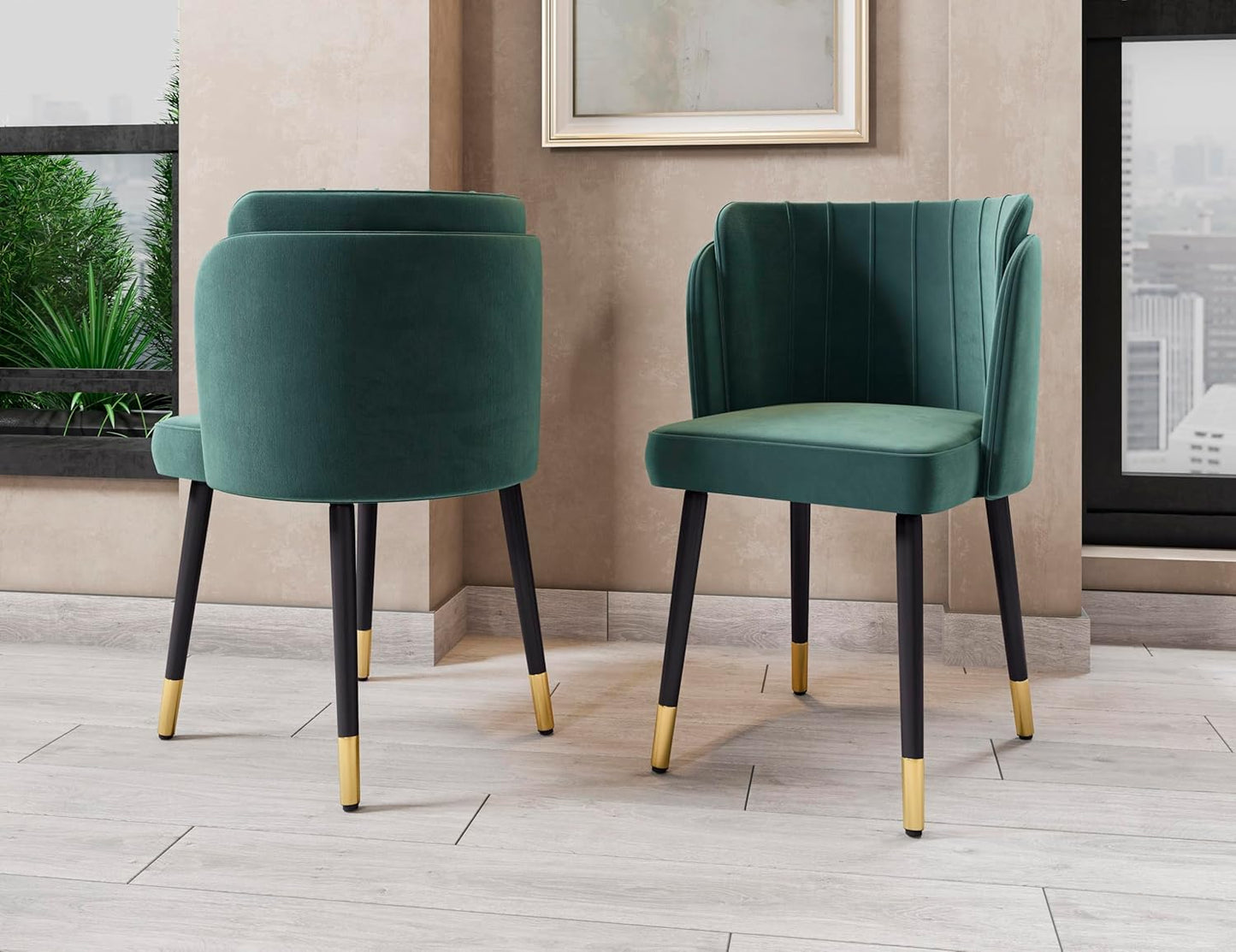 Manhattan Comfort Zephyr Modern Velvet Dining Chair, Solid Wood Frame with Gold-Tipped Splayed Legs, High Density Foam Padding, Vintage Design, Tulip Inspired Accent Furniture, Hunter Green