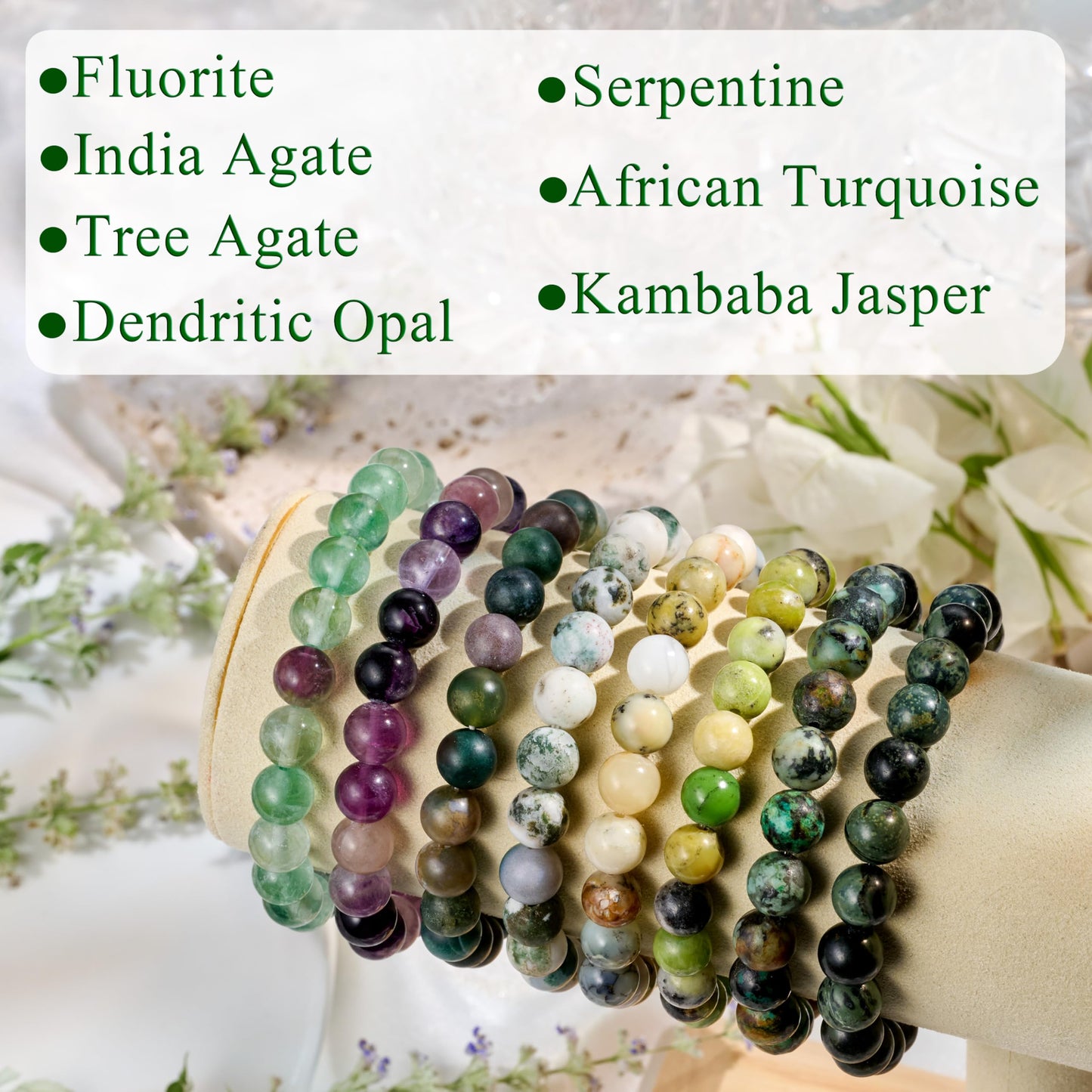 Bivei Natural Gemstone Semi Precious Crystals Handmade Stretchy Round Beads Bracelet, Enhance Positive Energy,Stocking Stuffers for Women(Tree Agate & India Agate(Strength & Harmony) Medium)