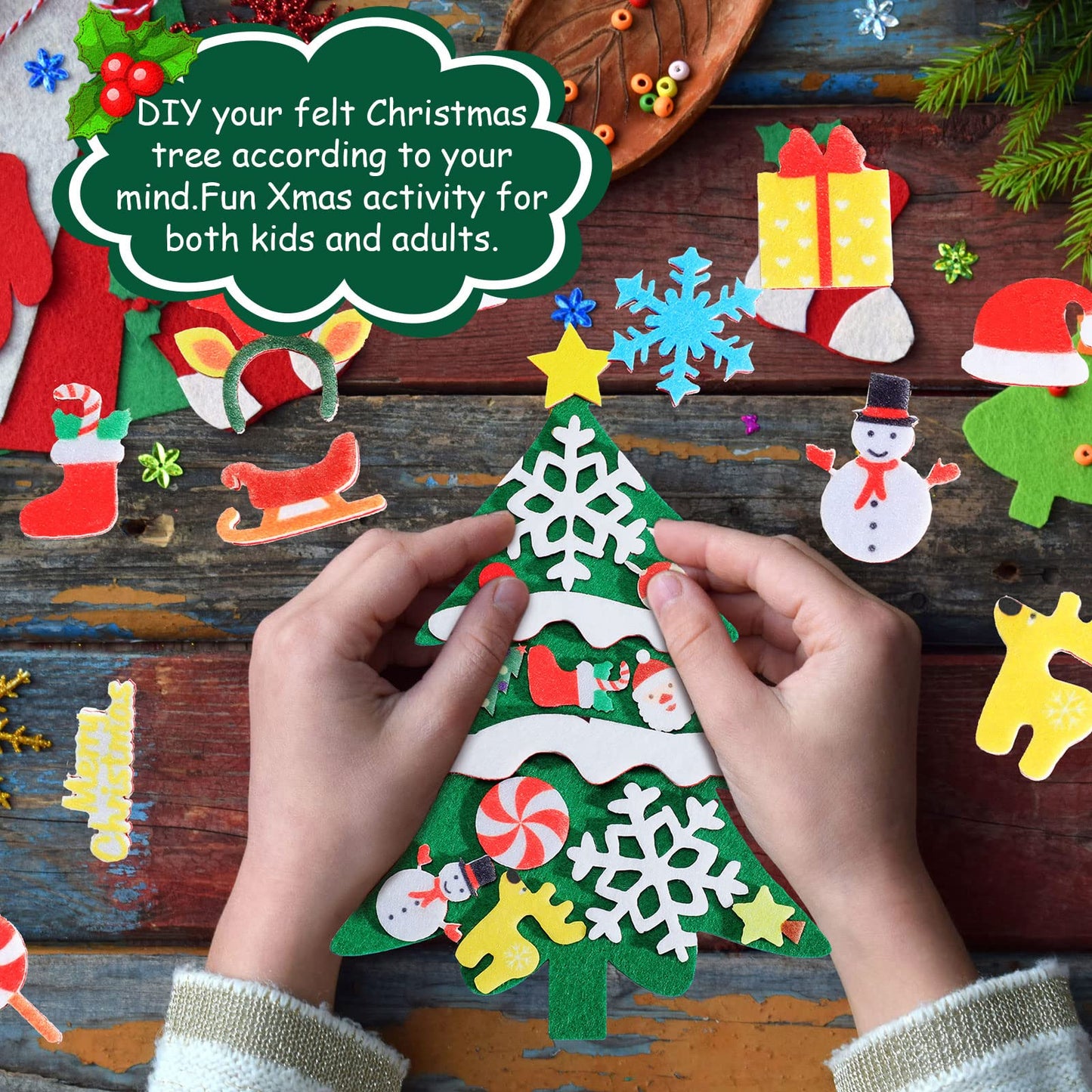 Tatuo DIY Felt Christmas Tree and Ornaments Felt Kids Party Favors Stickers for Kids Home Door Wall Hanging Christmas Tree Craft Decorations (36)