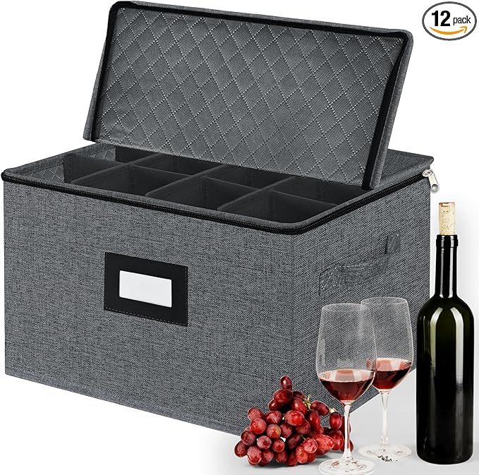 VERONLY Wine Glass Storage Box with Dividers for 12, Hard Shell Stemware Storage Container - Stackable Glassware Case with Handles and Label -Moving Storage for Crystal -Dark Gray