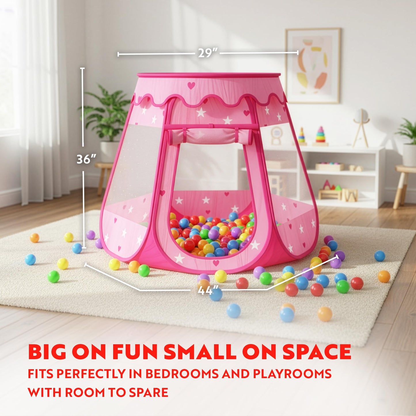 Playz Ball Pit Princess Castle Play Tent for Girls w/ 50 Balls Included - Pop Up Children Play Tent for Indoor & Outdoor Use - Playland Playhouse Tent w/ & Glow in The Dark Stars & Zipper Storage Case