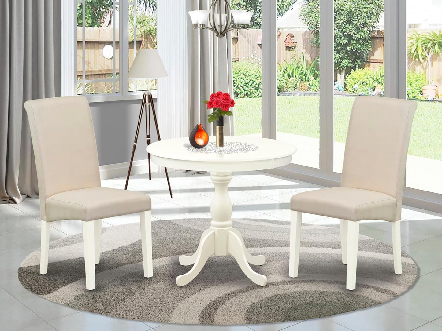 East West Furniture AMBA3-LWH-01 3 Piece Modern Dining Table Set Contains a Round Kitchen Table with Pedestal and 2 Cream Linen Fabric Upholstered Parson Chairs, 36x36 Inch, Linen White