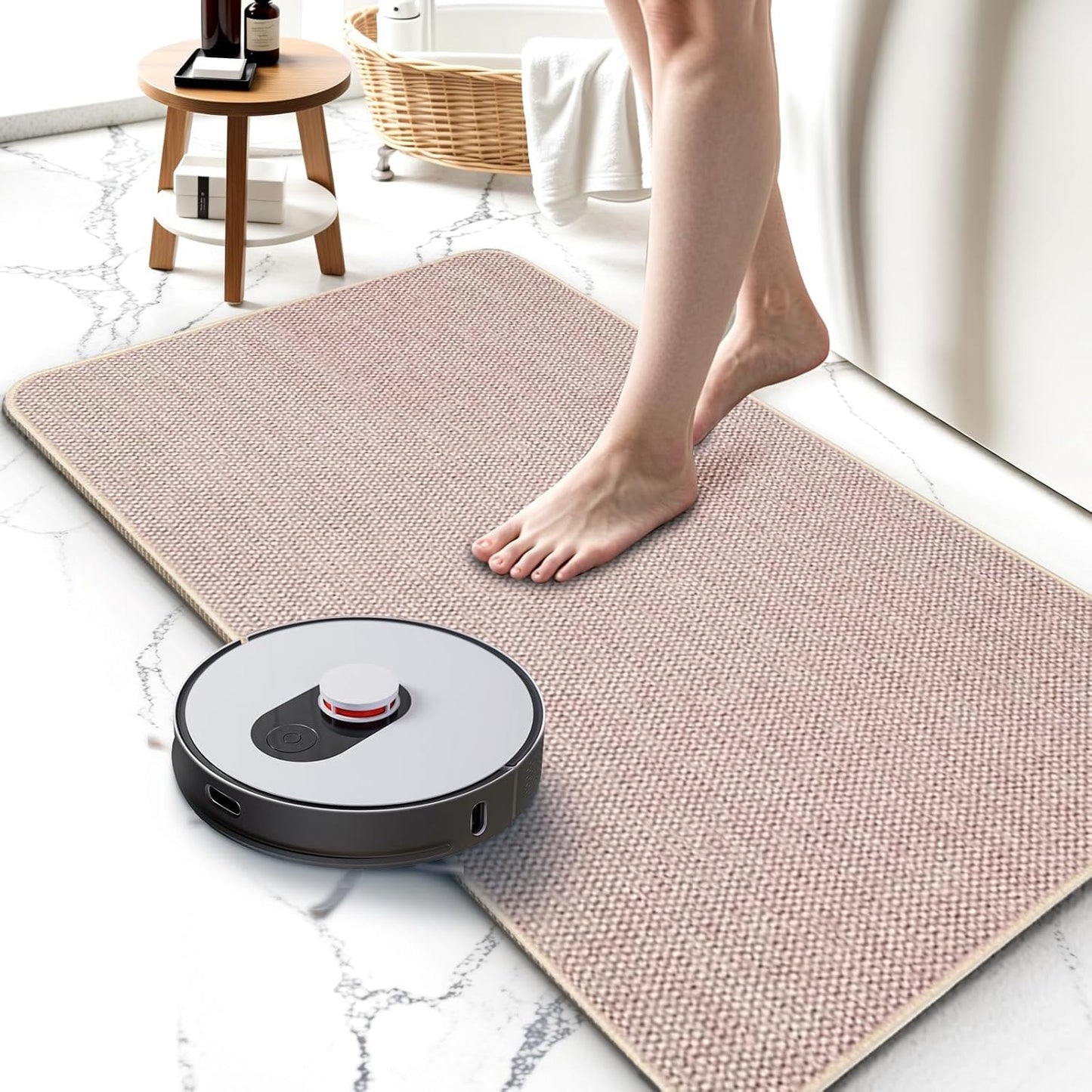 Upgraded Bathroom Rugs 17x27Inch, Thin Bath Mat with Rubber Backing Non-Slip, Absorbent,Quick Dry Machine Washable, Home Decor Accessories Cozy Cloth Bathroom Mat fit Under Door/Sink/Tub/Shower-Biege