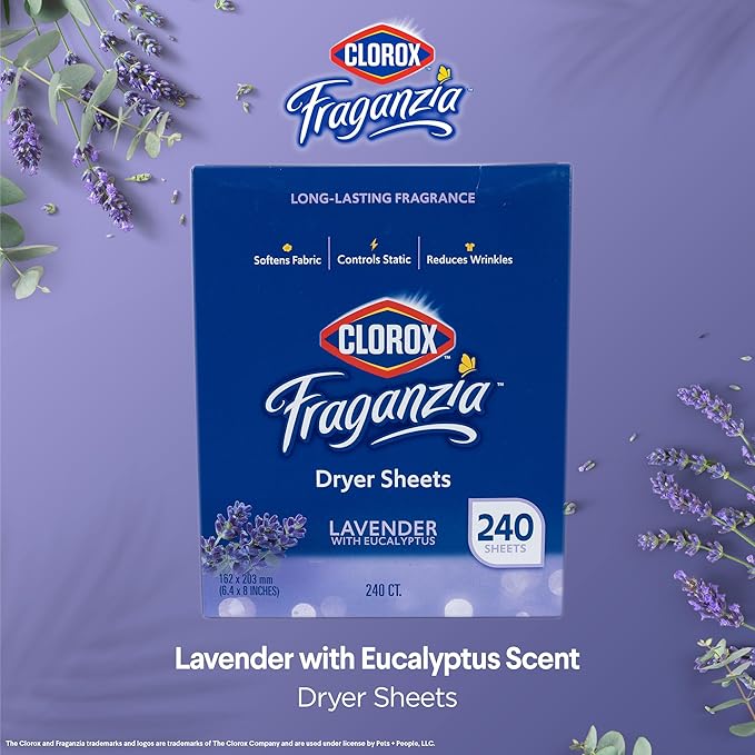 Clorox Fraganzia Fabric Softener Dryer Sheets, Lavender Scent - Wrinkle Reducing Scented Softening Laundry Dryer Sheets for Great Smelling Clothes, 240 Count