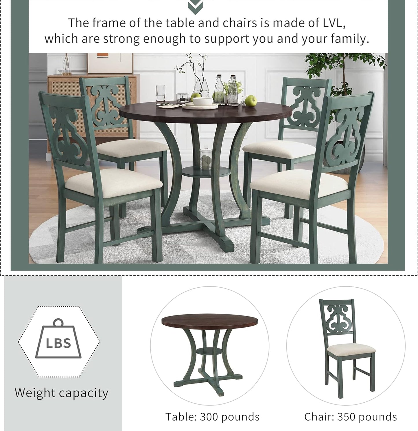 Merax 5 Piece Round Dining Table Set 4 Retro Chairs with Special-Shaped Table Legs, Exquisitely Designed Hollow Chair Back for Dining Room, Antique Blue