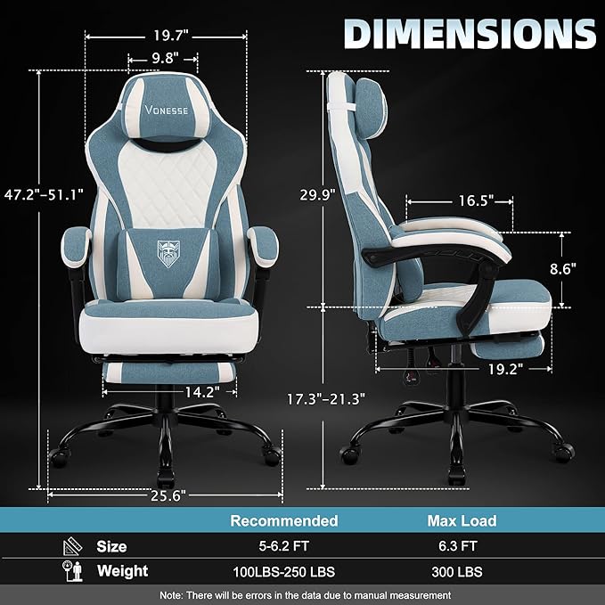 Vonesse Gaming Chair, Reclining Fabric Gaming Chairs for Adults 250LBS, Office Chair with Pocket Spring Cushion, Computer Chair with Footrest and Massage Lumbar Support (Blue)