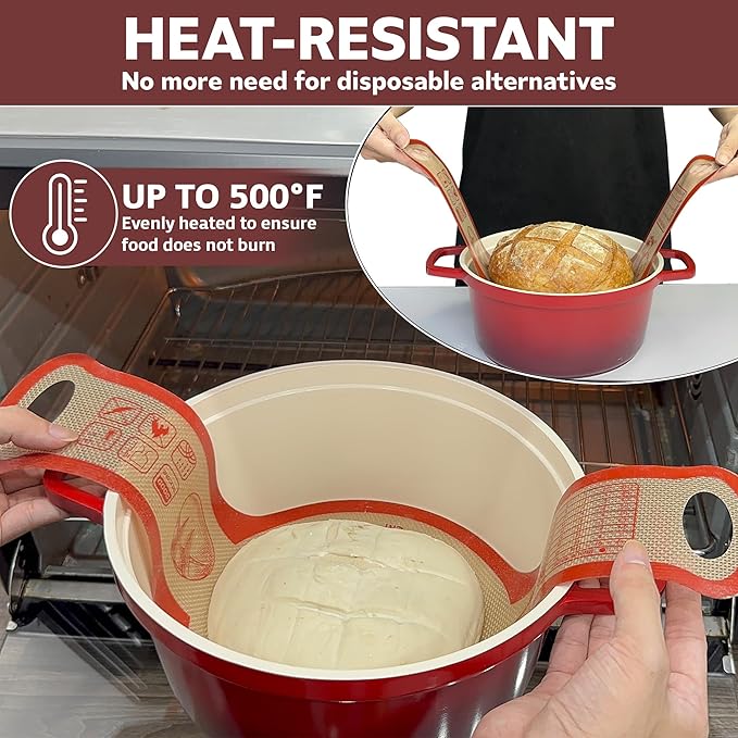 Silicone Bread Sling for Dutch Oven, 2 PCS Non-Stick Reusable Bread Baking Mats with Long Handles, Seamless Design Easy to Transfer Sourdough Sling Silicone Sourdough Sling Dough (Round/Oval Red)