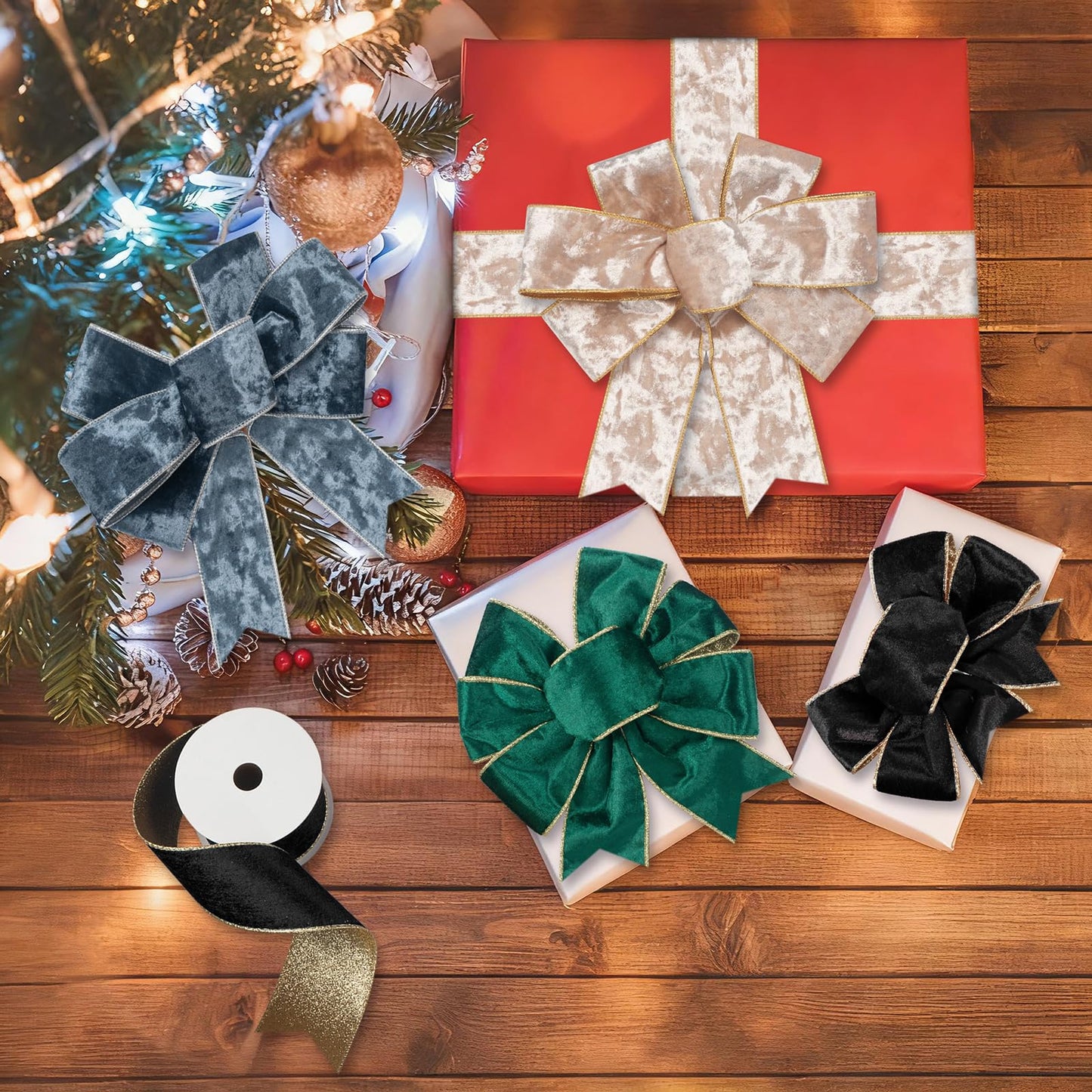 GHGMAO Olive Green Velvet Wired Ribbon, 2.5 Inch Crushed Velvet Ribbons with Gold Edge, Christmas Wired Ribbon for Gift Wrapping, Christmas Tree Decor, Wreath Supplies, Crafts Bow Making, 10 Yards