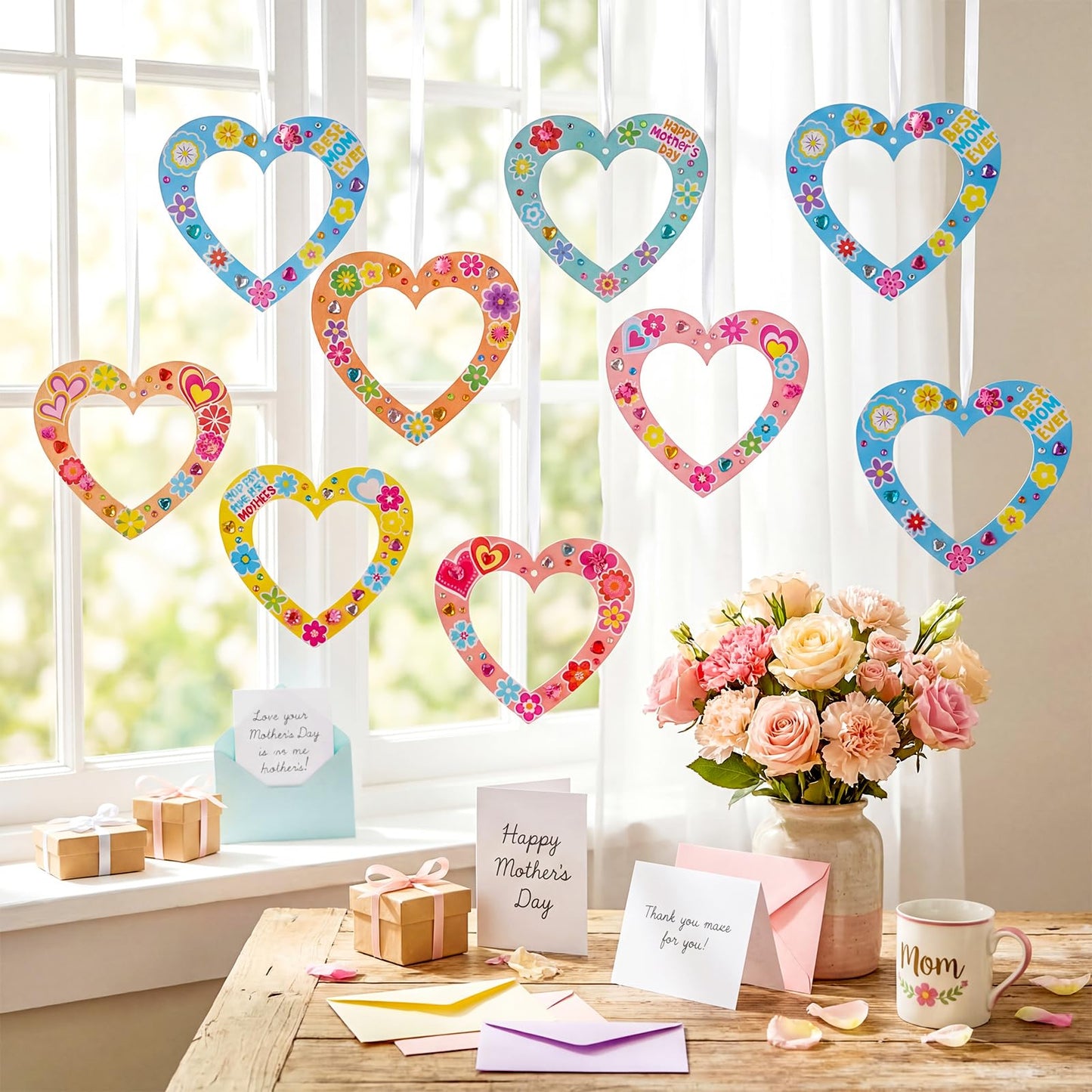 Motipuns 72 Pcs Mothers Day Craft Kits DIY Mother's Day Craft with Heart Wreath Heart Flower Gem Stickers Pom Poms Ribbon Foam Dots Paper Gifts for Mom Grandma Ladies DIY Activity