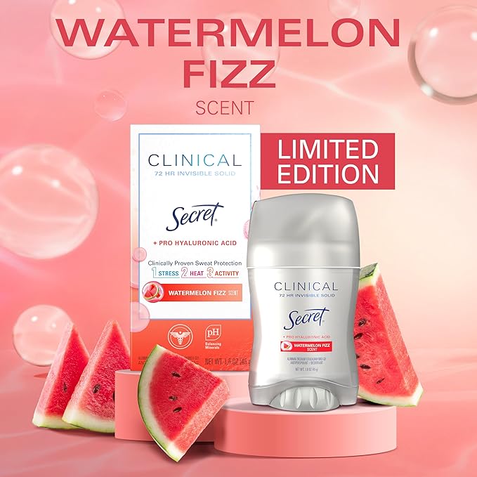 Secret Clinical Strength Antiperspirant Deodorant for Women, 3X Stress Protection, 72hr Sweat & Odor Protection, Pro-Hyaluronic Acid, Invisible Solid, Watermelon Summer Fizz Scent, 1.6 oz