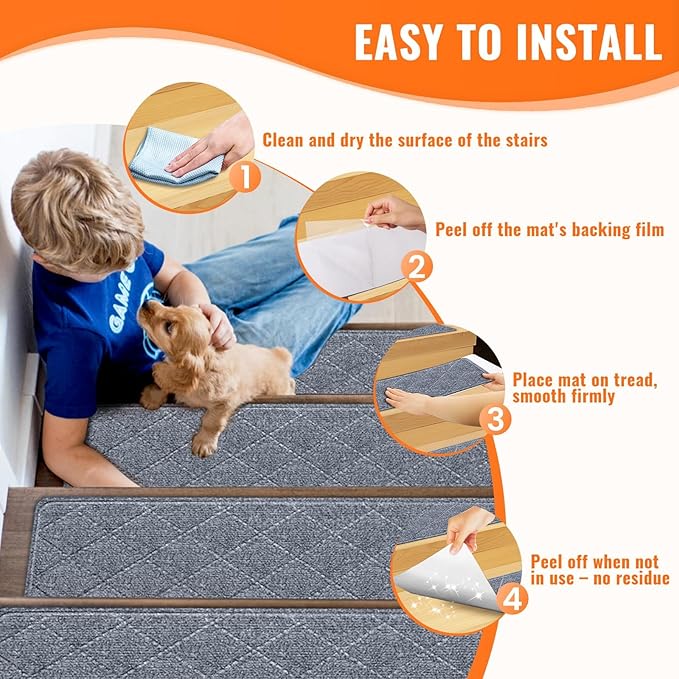 Stair Treads Non-Slip for Wooden Steps, 15Pack - 8" x 30" Edging Stair Runner Indoor for Kids Elders & Pets, Washable Carpet Stair Treads with Peel & Stick Reusable TPE Backing, Grey