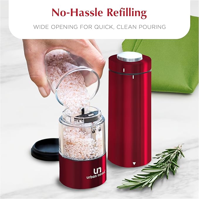 Electric Salt and Pepper Grinder Set - 2 Battery Operated Stainless Steel Mills with Light (Elegant Red Burgundy) - Automatic One Handed Operation - Electronic Adjustable Shakers - Ceramic Grinders