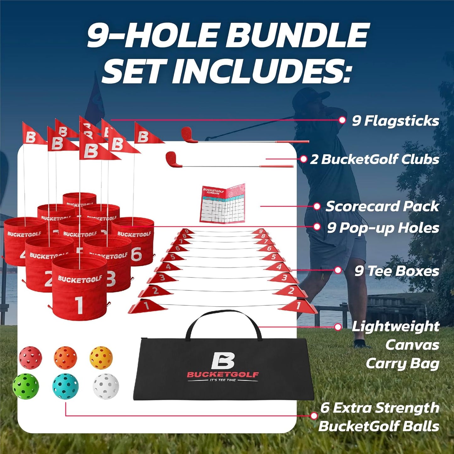 bucketgolf 9 Hole Bundle - Outdoor Golf Game for All Ages. Adults, Kids, Family. Play Anywhere - Yards, Beach, Park, Backyard. Includes 2 Clubs (1 RH + 1 LH)