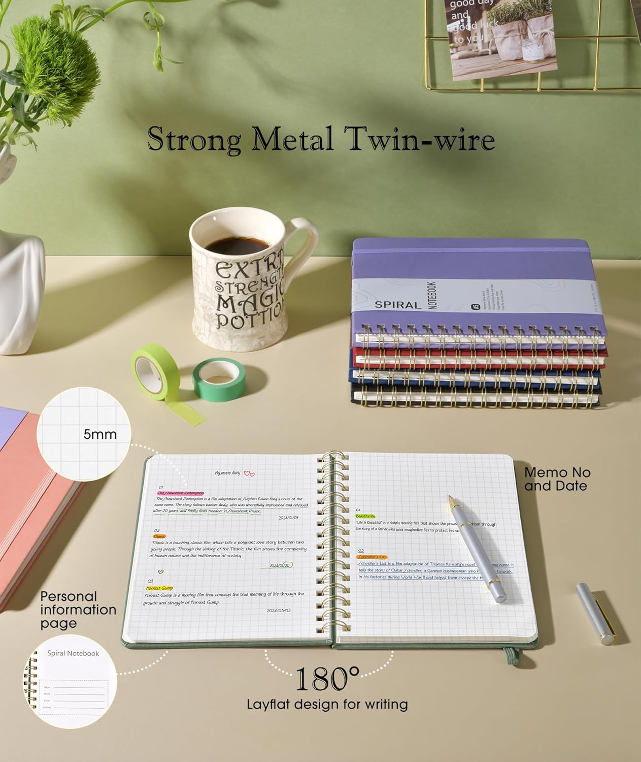 Graph Spiral Journal Notebook, A5 Hardcover Spiral Journals for Women Men, 100 GSM Graph Paper Notebooks, 150 Pages Spiral Bound Grid Notebook for Writing Note Taking Work 5.75" x 8.38", Sage Green
