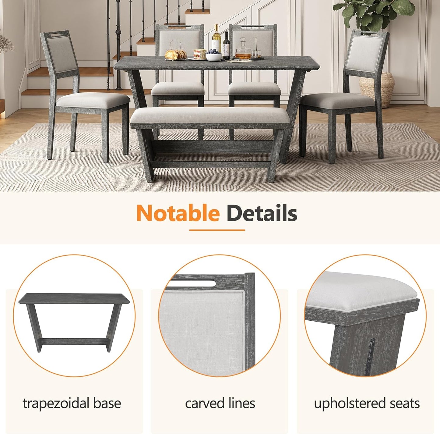 Merax 6-Piece Retro Dining Set, 1 Rectangular Table with Stable Trapezoidal Table Base and 4 Upholstered Chairs and 1 Bench for Dining Room and Kitchen, Antique Gray