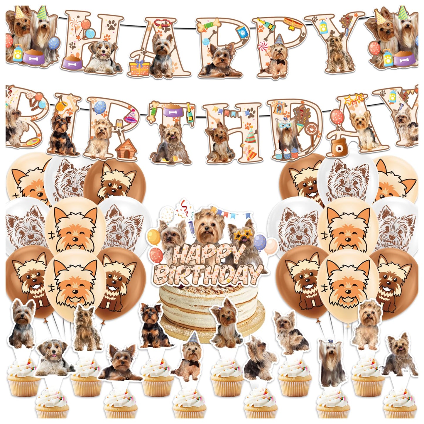 Yorkshire Terrier Birthday Party Decorations Yorkie Party Supplies Kit with Banner, Cake Topper, Cupcake Topper, Balloons for Yorkshire Terrier Decoration Dogs Party