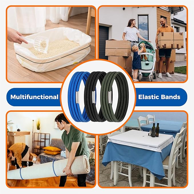 Trash Can Rubber Bands Fit 8 to 32 Gallon Cans, Hongmed Garbage Elastic Bands for Kitchen/Office/Garage, Trash Bag Holder Straps Set of 3 in Black, Blue, and Green