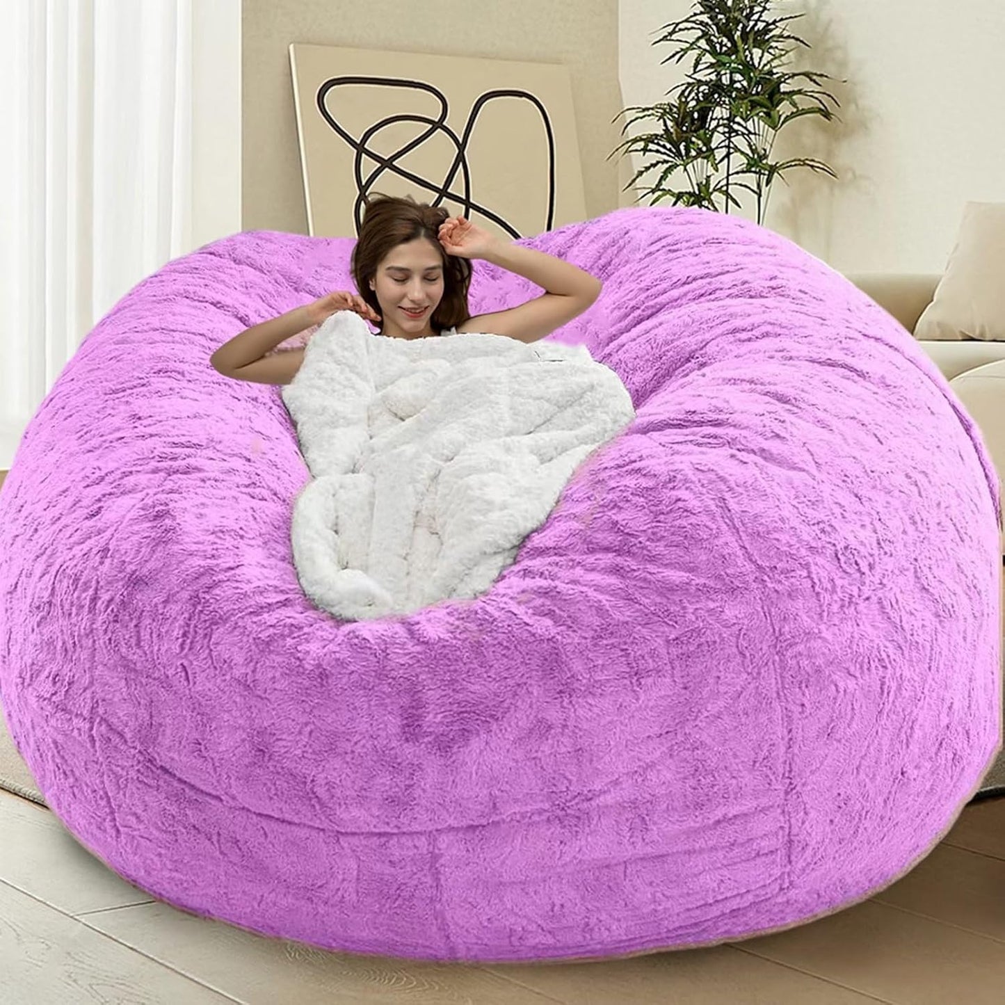 Bean Bag Chairs for Kids Comfy Fluffy Big Joe Bean Bag Chair Covers Only (No Filler) Round Sofa Chairs for Bedroom Living Room Decor, 5FT, Purple