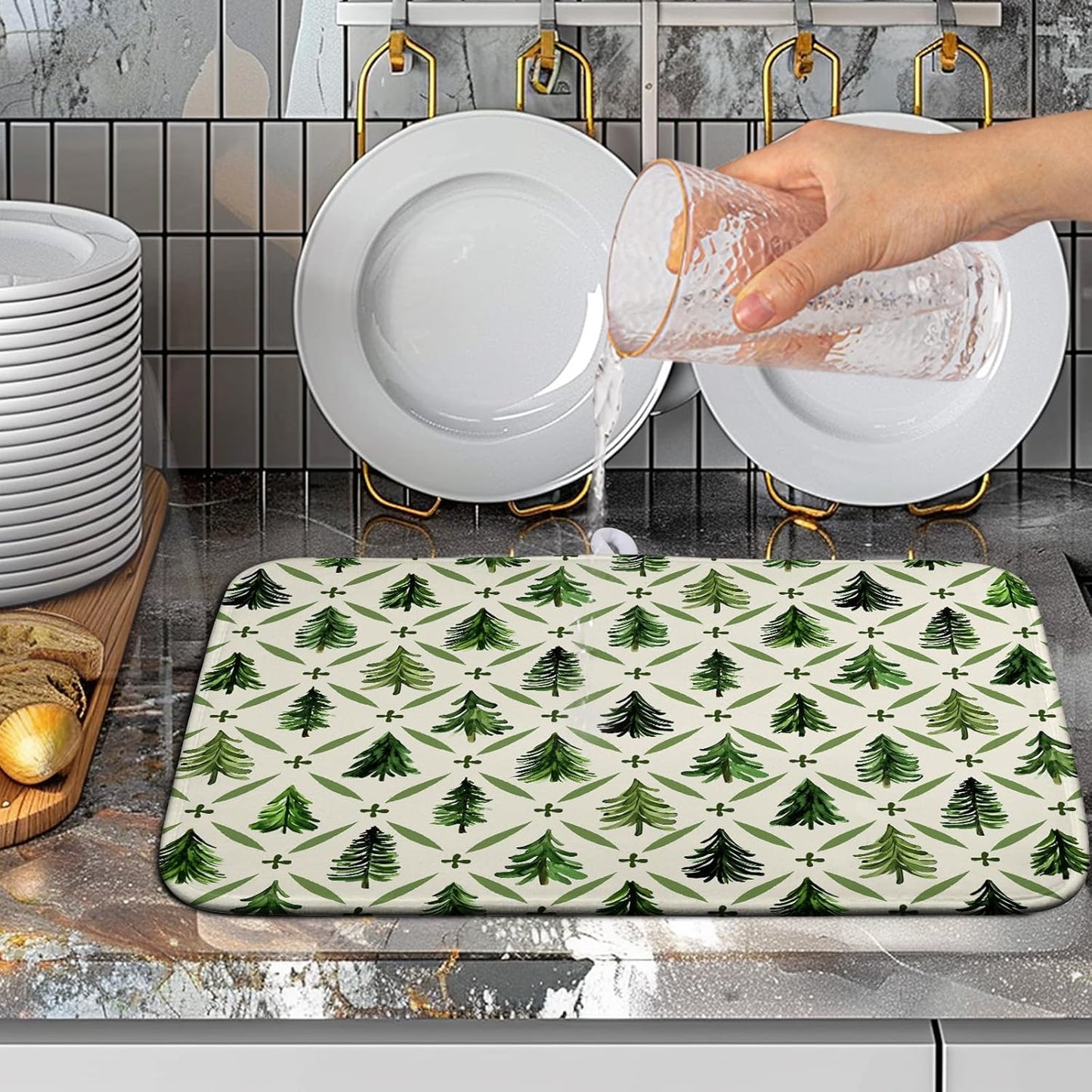 Christmas Dish Drying Mat for Kitchen Counter 16x18 Inch Sage Green Xmas Tree Drying Mats Winter Holiday Dish Drainer Pad Microfiber Absorbent Dish Draining Mat for Coffee Bar