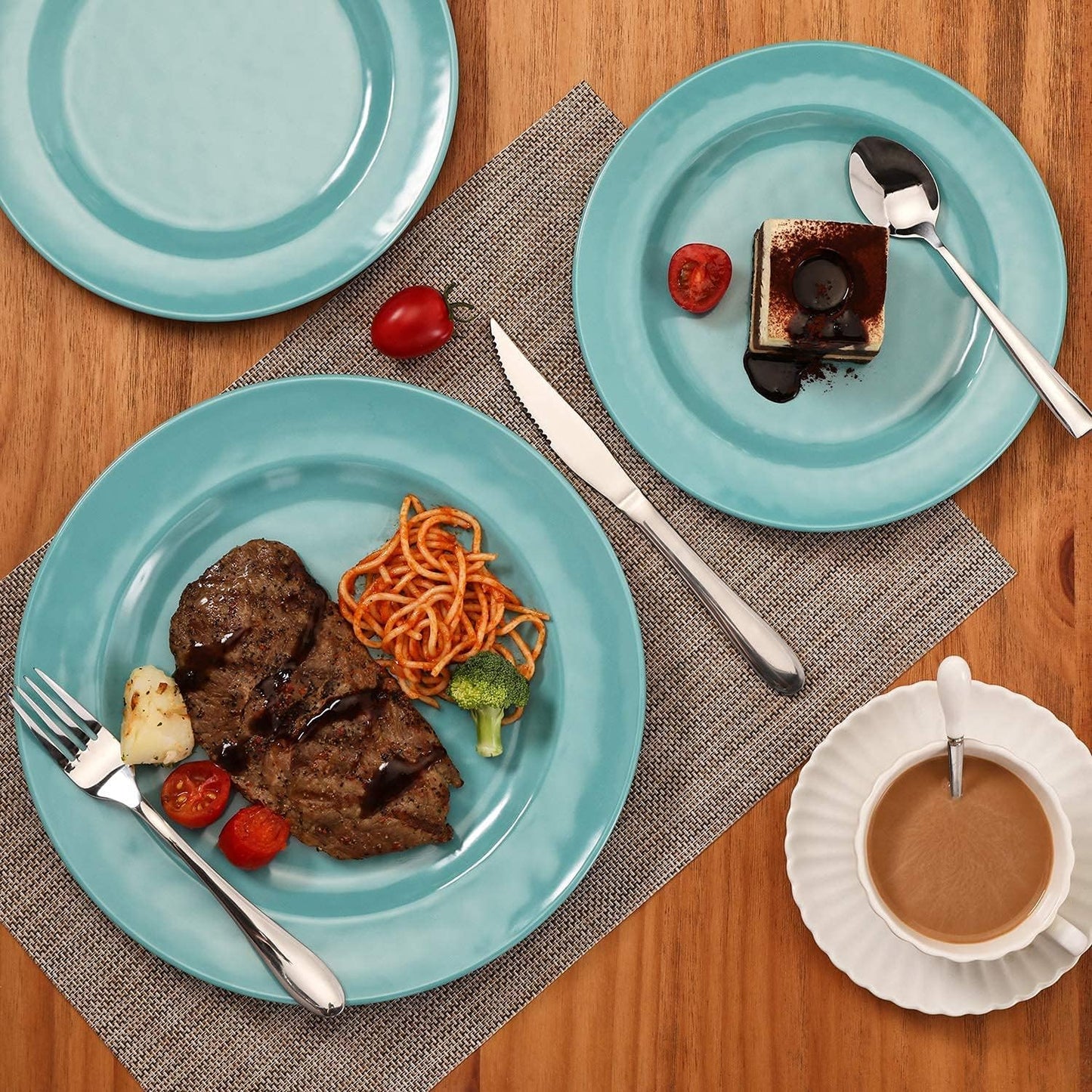 TP 12-Piece Dinnerware Set, Melamine Dishes Set with Bowls and Plates, Non-breakable and Lightweight Dinner Service for 4, Teal
