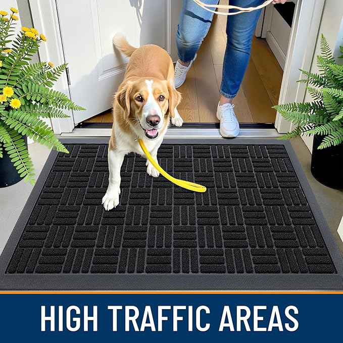 OLANLY Front Door Mat Outside Entrance 47x17, Absorbent, Heavy Duty Sturdy Natural Rubber Doormat Indoor Outdoor, Stain and Fade Resistant, Non-Slip Backing Low Profile Floor Mat for Entryway, Black