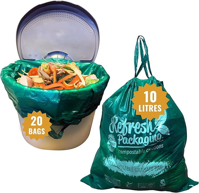 All Purpose Kitchen Trash Bags - 100% Certified Compost Safe Garbage Bag - Yard Waste Green Bin Liners - 10L / 3 Gallons - Drawstring Handles for Easy Use - 20 Bags Per Box
