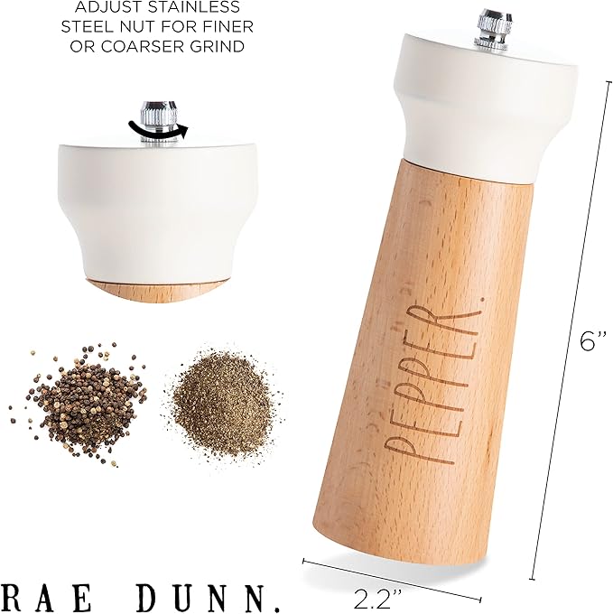 Rae Dunn Salt and Pepper Grinder Set of 2 - Bamboo Sea Salt Pepper Grinder - Classy Salt and Pepper Shakers - Pepper Mill & Salt Mill, Cream