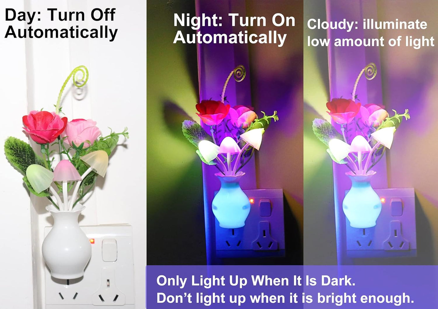AUSAYE 3Pack Sensor Night Light Plug in Rose Flower Light, Energy Saving Lamp Dream Nightlight Mushroom Night Lights for Kids Adults Bedroom,Bathroom,Living Room,Kitchen,Hallway