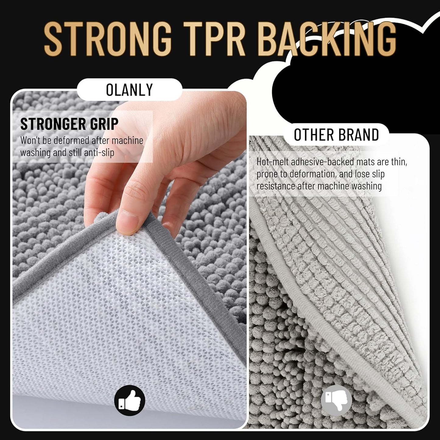 OLANLY Thick Bathroom Rugs 47x24, Extra Soft Absorbent Chenille Striped Bath Rugs, Rubber Backing, Machine Wash Dry, Bath Mats for Bathroom Floor, Tub and Shower, Home Decor Accessories, Grey