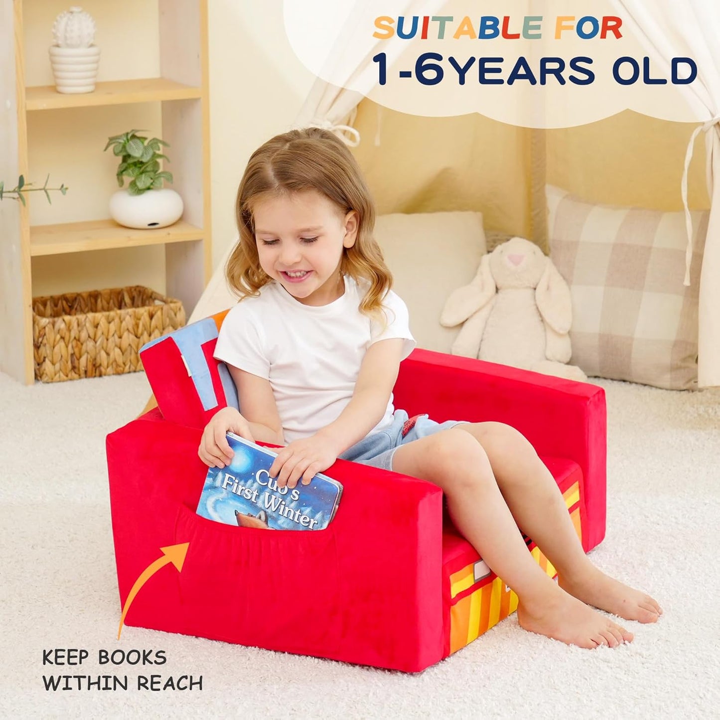 MallBest Kids Sofas Children's Sofa Bed Baby's Upholstered Couch Sleepover Chair Flipout Open Recliner(Red/Fire Truck)