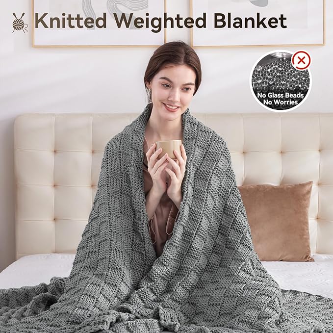 Knitted Weighted Blanket for Adult, No Beads Heavy Blanket 60” x 80'' 20lbs, Breathable Chunky Knit Blanket, Cooling Weighted Blanket for Hot Sleepers, Christmas Home Decor (Light Grey)