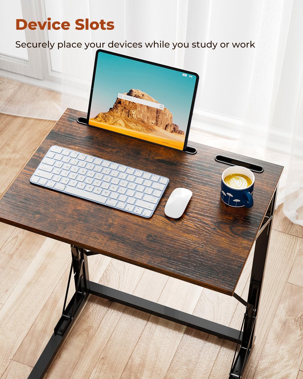 21''Wx28''H Folding TV Tray for Eating, Small Foldable C-Shaped Tray Table with Tablet and Phone Slots, Slide Under Couch Side Table for Recliner, Living Room, Bedroom, Rustic Brown