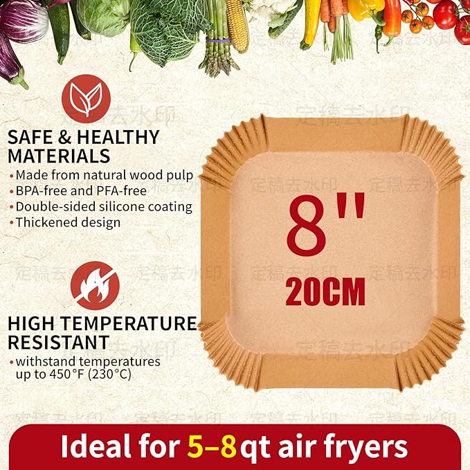 40GSM Air Fryer Paper Liners, 125Pcs 8 inch Disposable Parchment Paper for 5-8 qt Basket Air Fryer, Non-Stick Oil-Proof Heat Resistant Food Grade for Cooking, Roasting & Frying, Square 8"