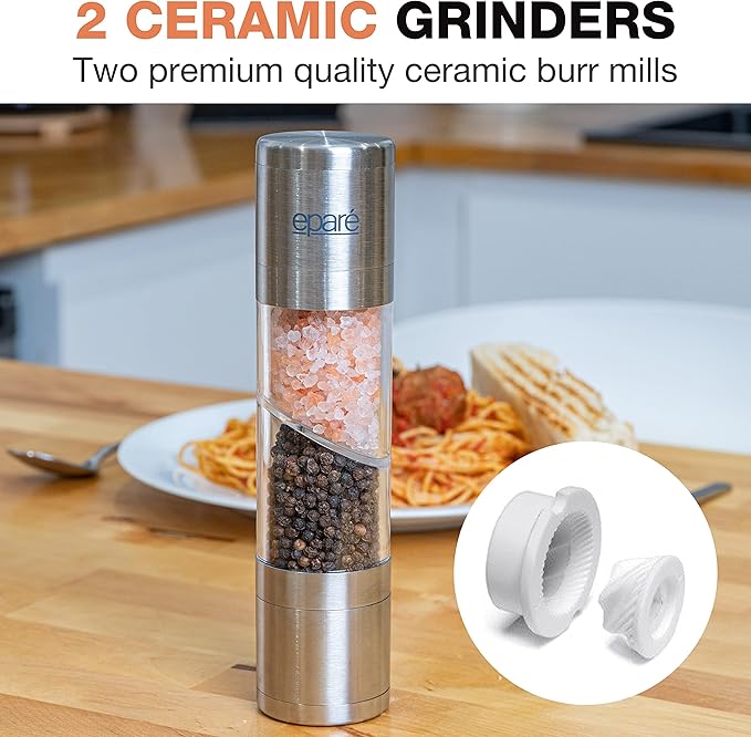 Eparé Bundle: Salt and Pepper Grinder Combo & Large Butter Dish With Lid For Countertop - Refillable Peppermill Grinders & BPA-Free Butter Keeper - Counter Dishes For Soft Butter Storage