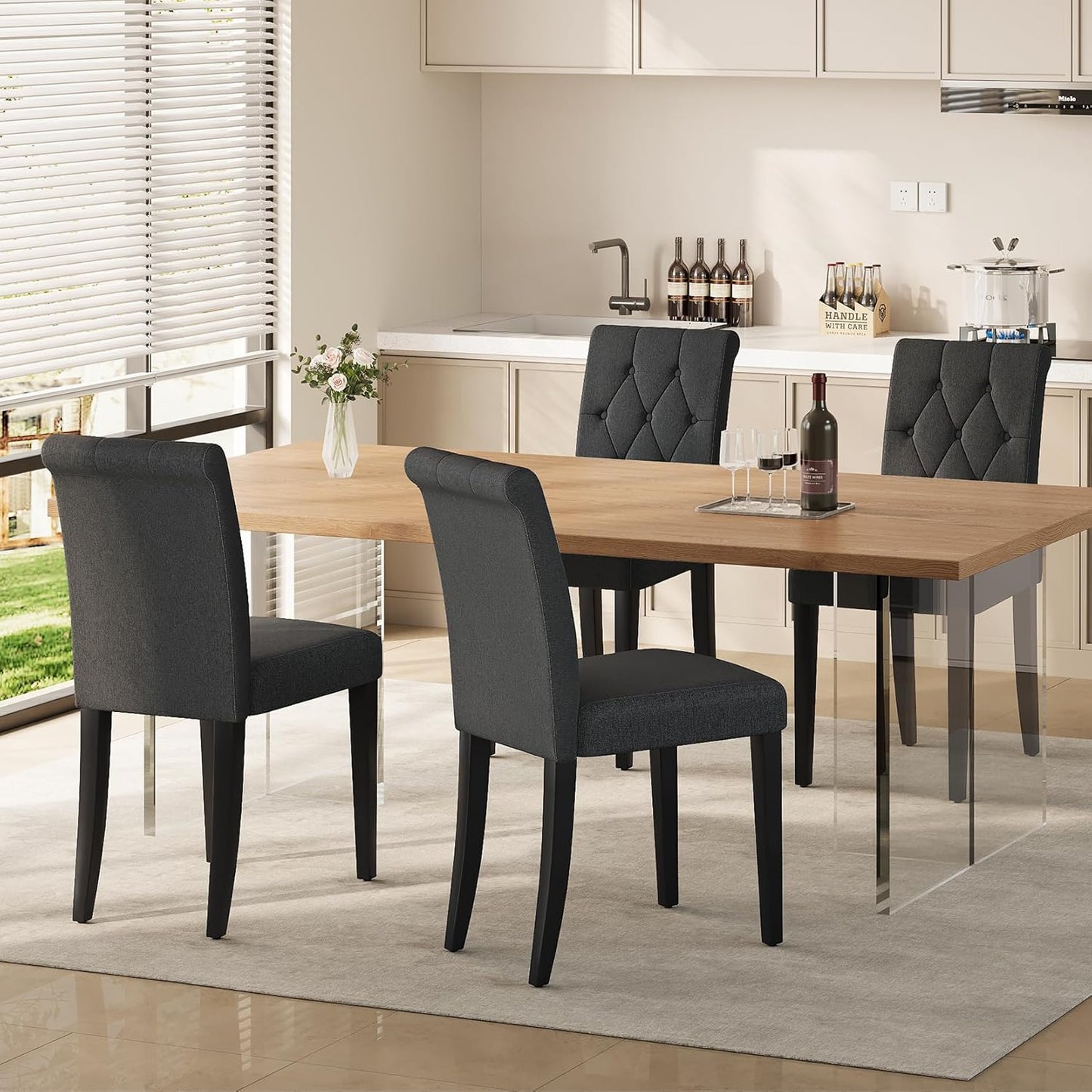 Upholstered Dining Chairs Set of 6, Button Tufted Parsons Dining Chair with Solid Wood Legs, Modern Fabric Side Chair for Dining Room/Kitchen/Restaurant/Hotel- Black