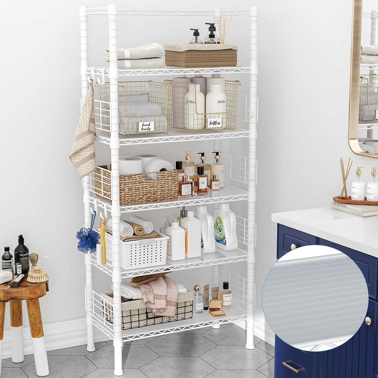 Metal Storage Rack, Storage Organizer Shelves for Kitchen, Bathroom, Living Room, Balcony and Garage, 5 Tiers Narrow Bookshelf, 21.2" W x 9.4" D x 59.2" H, Load 400lbs, White