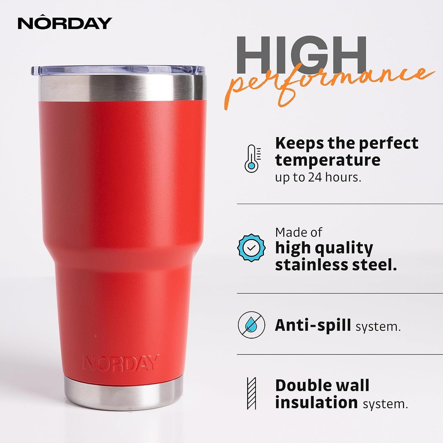 NORDAY | Tumbler with Lid - 30oz - Red Insulated Tumbler - Stainless Steel Tumblers - Double Wall Vacuum Insulated Travel Coffee Mug for Car Cup Holder - Keeps Temperature for 24hr - Anti Spill Lid