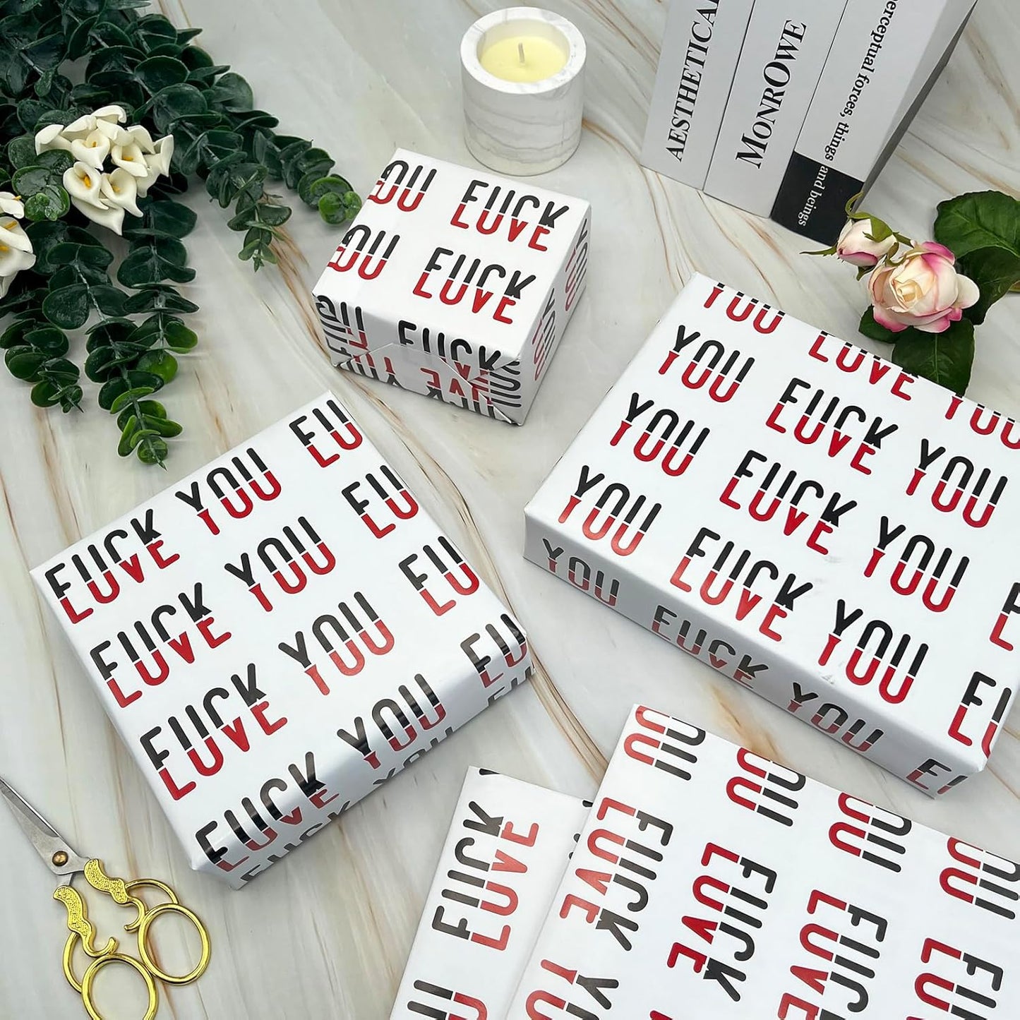 Dtiafu Funny Wrapping Paper for Adult Girlfriend Boyfriend Valentines Day - Fxxk You Love You Words Great for Birthday Wedding - 20 x 28 Inch Per Sheet(6 Sheets)