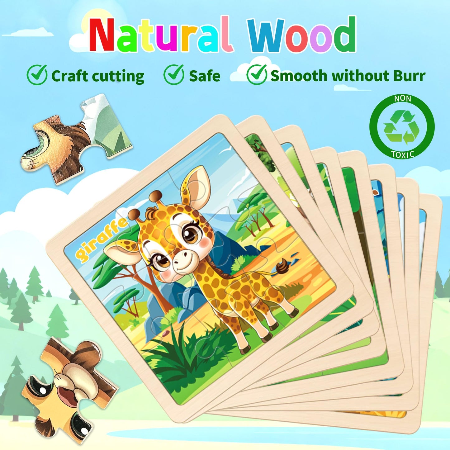 Wooden Animals Puzzles for Toddlers 2-4, 8 Pack 9 PCS Jigsaw Puzzles for Kids 2-4, Wooden Puzzles for Toddlers 3-5, Animal Puzzles for Kids 3-5, Preschool Puzzles Learning Educational Sets Toys
