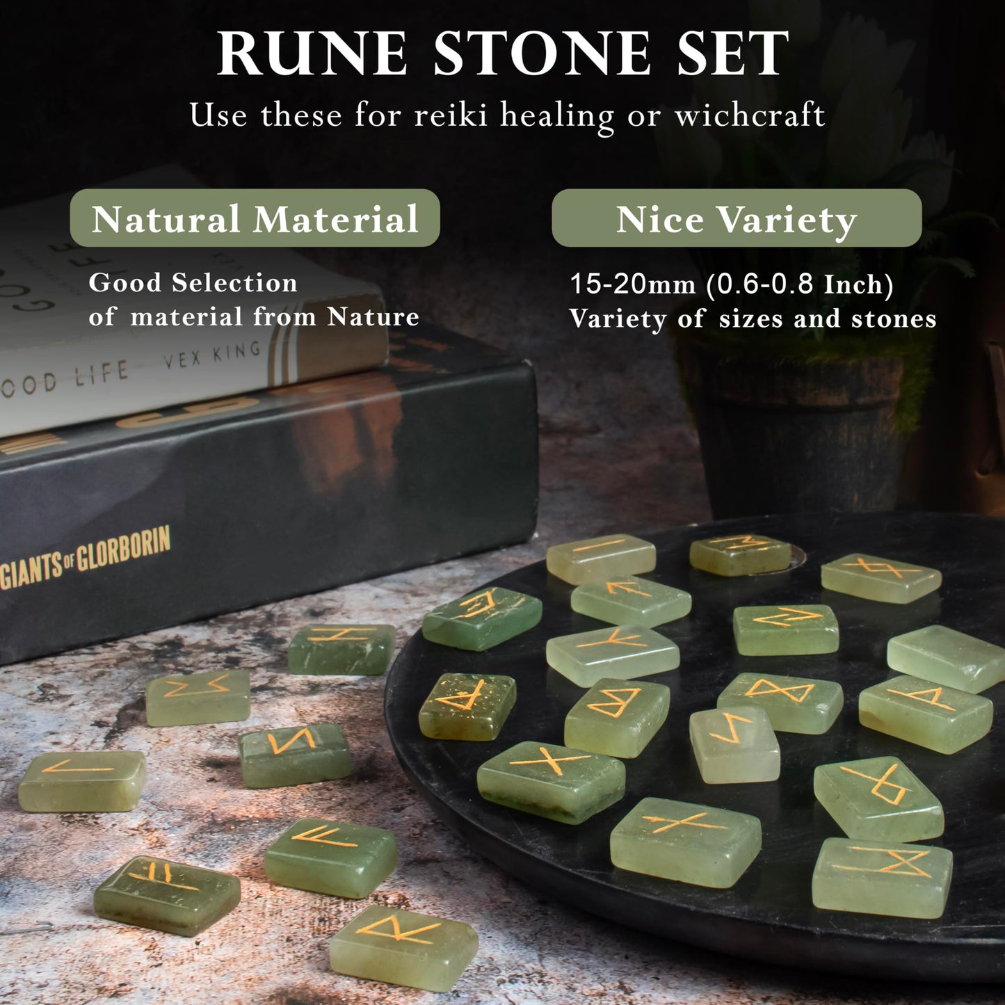 Crocon Green Jade Rectangle Shape Gemstone Runes with Elder Futhark Alphabet Engraved 25 pcs Rune Set Crystal Divination Metaphysical Healing Chakra Reiki Runes Set with a Pouch Size : 20-25mm
