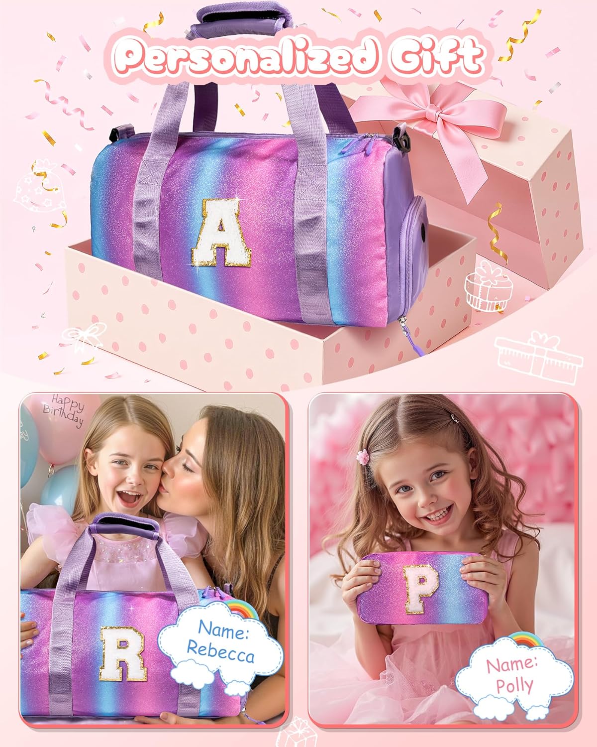 Girls Trip Gifts for Kids-Girl Gym Bag with Shoe Compartment, Kid Personalized Weekender Overnight Bags, Initial Travel Tote with Makeup Pouch, Valentines Day Gift for Girls (Letter R)