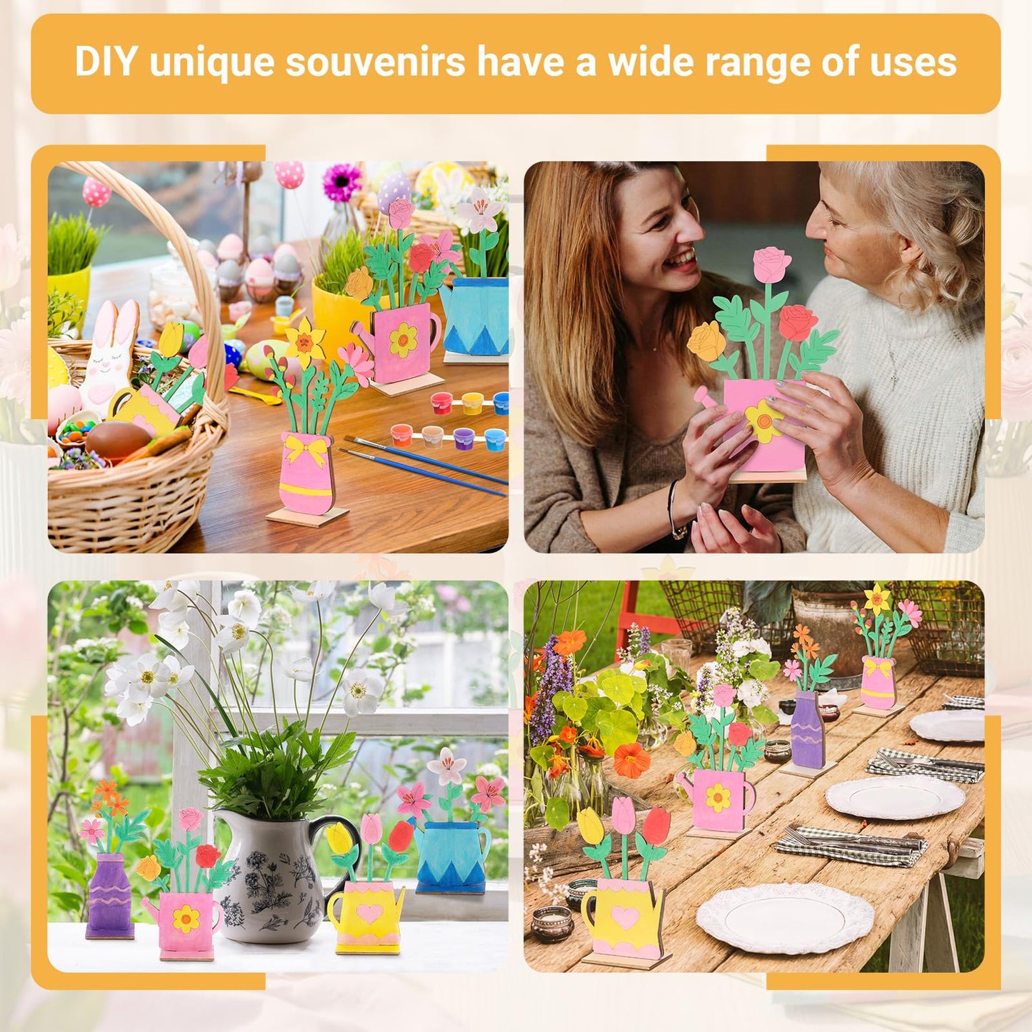 DoubleFill 34 Pcs Wooden Flowers DIY Craft Kit Self Standing Wood Spring Crafts Unfinished Wood Flower Slices Spring Flower Ornament to Paint Cute Tabletop Decor for Party Gift Activities Art Project