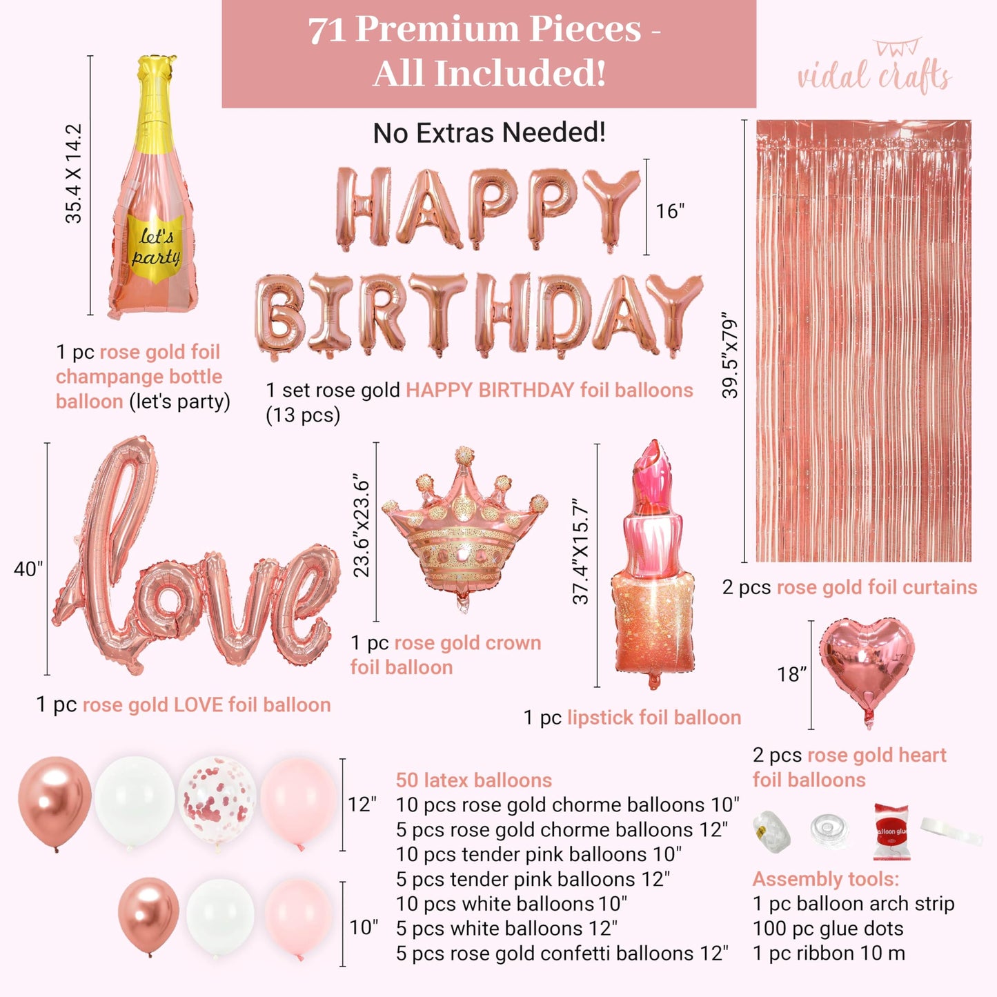 VIDAL CRAFTS 71-Piece Rose Gold Birthday Decorations for Women - Party Backdrop with Latex, Foil & Confetti Balloons, Happy Birthday Decorations Banner & Rose Gold Foil Fringe Curtains