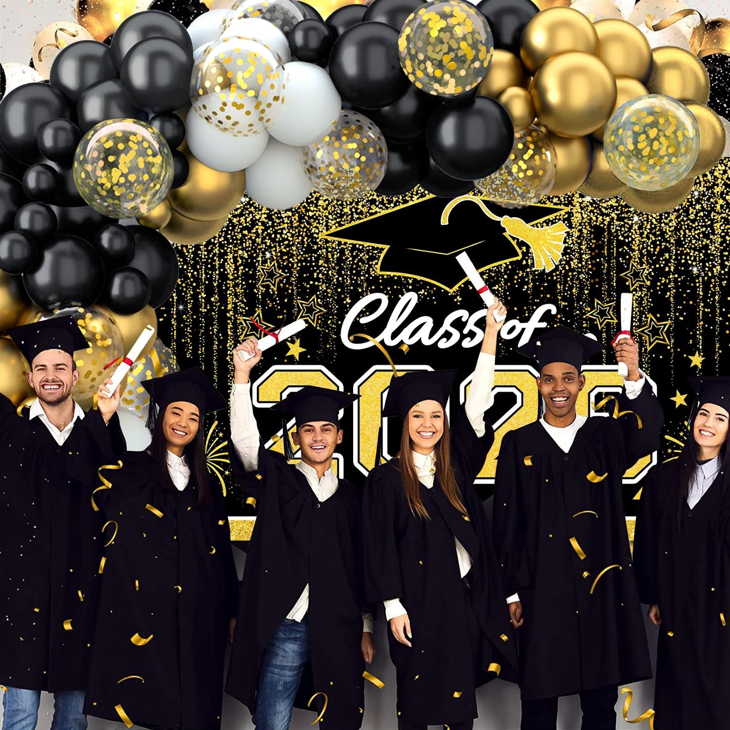 Graduation Decorations 2026, Black and Gold Balloon Garland Arch, Black and Gold Graduation Decorations with Congrats Grad Tablecloth and Class of 2026 Backdrop for High School College Grad Party