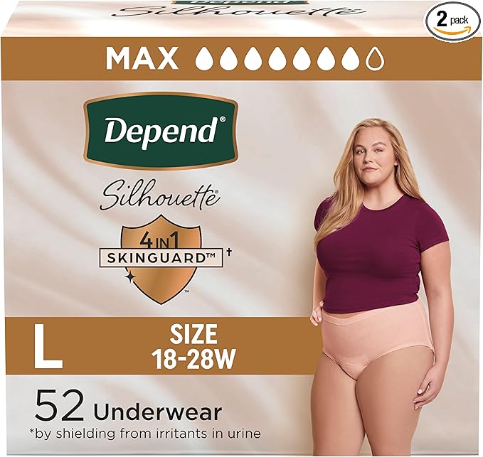 Depend Silhouette Adult Diapers, Incontinence & Postpartum Bladder Leak Underwear for Women, Maximum Absorbency, Large, Pink, 52 Count (2 Packs of 26), Packaging May Vary