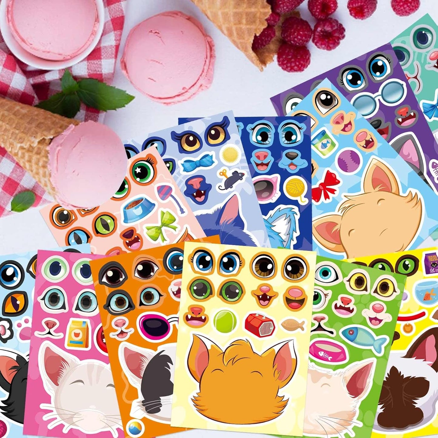36 Sheets Cat Make a Face Sticker Sheets for Kids Todder, Make Your Own Stickers with 12 Cat Face Designs for Kids Birthday Party Favor Supplies Craft