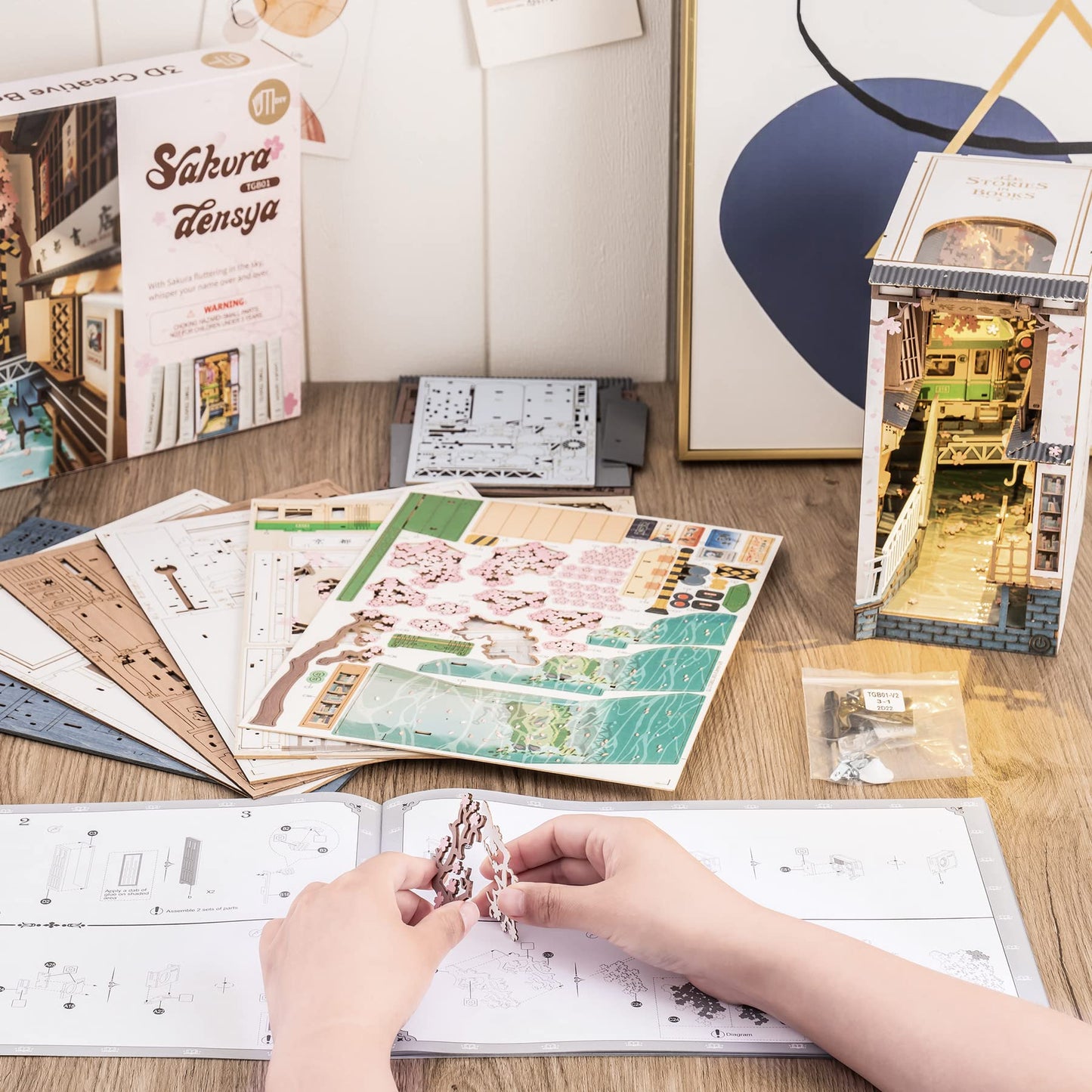 ROBOTIME DIY Book Nook Kit DIY Miniature Dollhouse Booknook Kit 3D Wooden Puzzle with LED Light,Decorative Bookend Bookshelf Insert Decor for Teens and Adults (Sakura Tram)