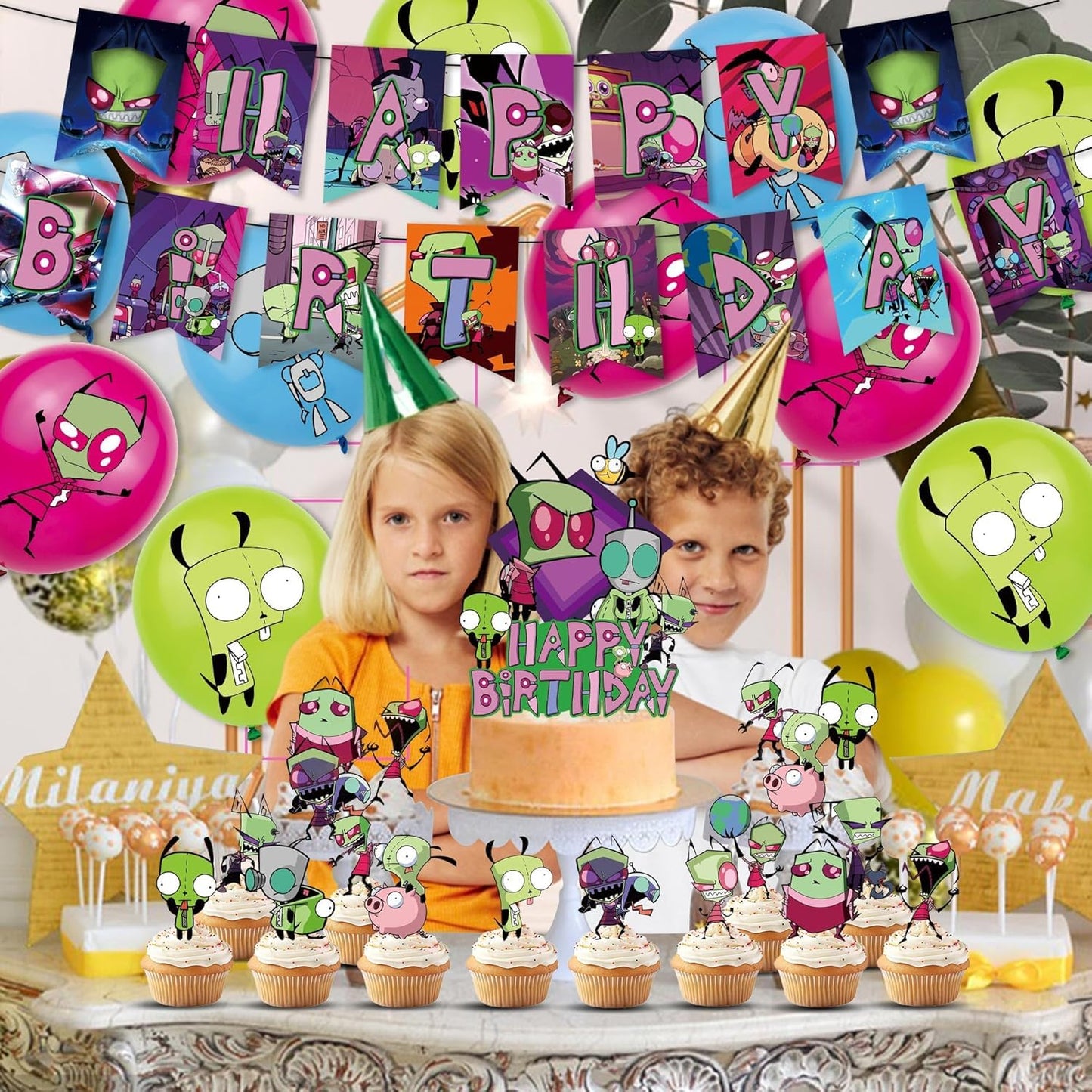 Invader Birthday Party Decoration, Include Happy Birthday Banner, Cake Topper, Latex Balloons, Invader Party Supplies for Adults, Teens Fans