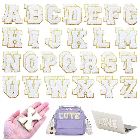 WNSIRVY 52 Pcs Chenille Letter Patches Self Adhesive Iron On Patches for Backpacks, 2.17 Inch Glitter Letter Stickers Preppy Varsity Chenille Patches for Clothing Jackets Hat Laptop (White Letters)