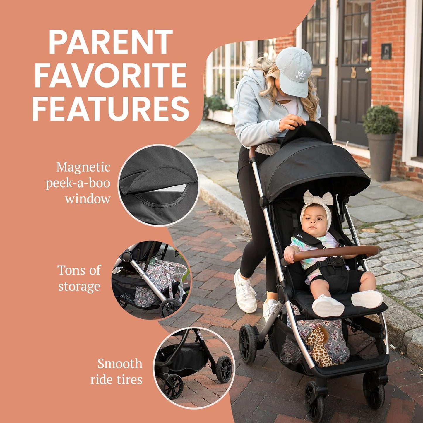 Bombi Bēbee V2 Lightweight Baby Stroller - Premium Vegan Leather, One-Hand Fold, Infinite Recline, Aircraft-Grade Aluminum Frame, XXL Canopy, and Ample Storage Umbrella Stroller - Stone Gray
